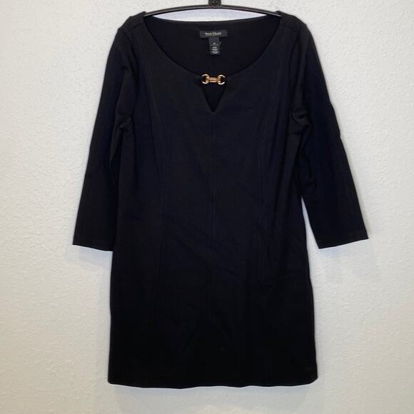 WHBM Black Midi Shift Dress Metal Clasp Neck Detail 3/4 Sleeves EUC Sz M Stretch - Picture 1 of 11